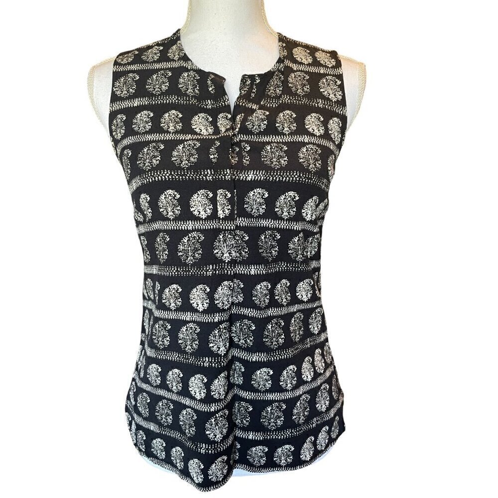 Madewell XS Sleeveless Black Ivory Stripe Print Top With Snap Front Blouse Shirt